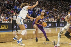 ALBANY, NEW YORK – MARCH 30:  LSU forward ANGEL REESE (10) looks to take a shot while being closely monitored by a UCLA defender during the 2024 NCAA Women’s Basketball Tournament Albany 2 Regional semifinal at MVP Arena on March 30, 2024, in Albany, N.Y.  (Scotty Rausenberger/A Lot of Sports Talk)