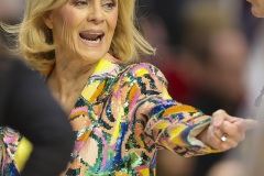ALBANY, NEW YORK – MARCH 30:  LSU Head Coach KIM MULKEY argues a call during the 2024 NCAA Women’s Basketball Tournament Albany 2 Regional semifinal at MVP Arena on March 30, 2024, in Albany, N.Y.  (Scotty Rausenberger/A Lot of Sports Talk)