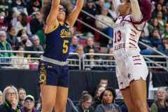 CHESTNUT HILL, MA - JANUARY 23: Notre Dame Fighting Irish guard Olivia Miles (5) shoots the ball during a women’s college basketball game between the Notre Dame Fighting Irish and the Boston College Eagles on January 23, 2025, at Conte Forum in Chestnut Hill, MA. (Photo by Erica Denhoff/Icon Sportswire)