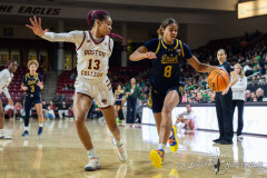 CHESTNUT HILL, MA - JANUARY 23: Notre Dame Fighting Irish guard Cassandre Prosper (8) drives to the basket while defended by Boston College Eagles guard Tatum Greene (13) during a women’s college basketball game between the Notre Dame Fighting Irish and the Boston College Eagles on January 23, 2025, at Conte Forum in Chestnut Hill, MA. (Photo by Erica Denhoff/Icon Sportswire)