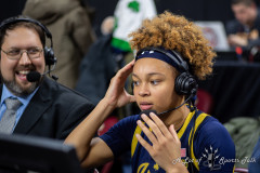 CHESTNUT HILL, MA - JANUARY 23: Notre Dame Fighting Irish guard Hannah Hidalgo (3) is interviewed following a women’s college basketball game between the Notre Dame Fighting Irish and the Boston College Eagles on January 23, 2025, at Conte Forum in Chestnut Hill, MA. The Fighting Irish defeated the Eagles 89-63. (Photo by Erica Denhoff/Icon Sportswire)