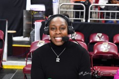 CHESTNUT HILL, MA - FEBRUARY 08: Chelsea Gray, guard for the WNBA’s Las Vegas Aces, poses for a photo while working as an analyst for the ACC Network for a women’s college basketball game between the Virginia Cavaliers and the Boston College Eagles on February 8, 2024 at Conte Forum in Chestnut Hill, MA. (Photo by Erica Denhoff/Icon Sportswire)