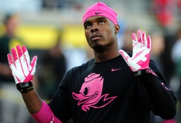 Whether wearing green, yellow, or in this instance, pink, Oregon wide receiver Josh Huff (32 rec., 6 TD) is one of the many productive skill position threats at the Ducks' disposal. (Steve Dykes/Getty Images)