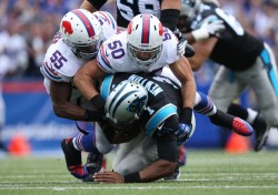 Rookie linebacker Kiko Alonso (50) sealed the Bills win against Carolina as well, sacking Cam Newton on the final play in Week 2. (Tom Szczerbowski/Getty Images)