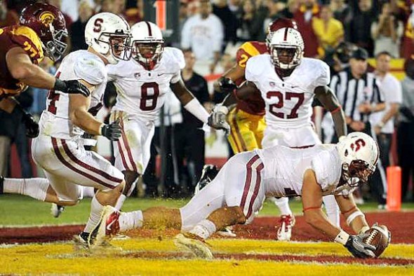 The last time Stanford played at The Coliseum, A.J. Tarpley had to recover this USC fumble in the end zone for a touchback to end a wild 56-48 triple overtime victory for the Cardinal. (Wally Skalij/Getty Images) 