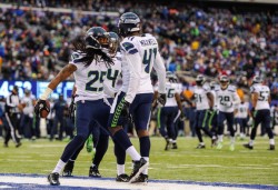 Ball 'Hawks: Richard Sherman (25) and Byron Maxwell (41) each had two interceptions for Seattle, posting its first shutout since 20xx. (Ron Antonelli/Getty Images)