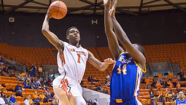 After winning Southland Conference Newcomer of the Year last season, Jabari Peters (l.) and his all-around play is helping to lift the Bearkats to the top of the conference standings yet again. (Brian Blalock/SHSU)