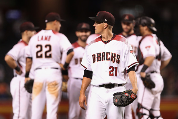 Zack Greinke (21) was one out away from his 17th complete game, but was removed after allowing a double to José Abreu in the ninth. (Christian Petersen/Getty Images)