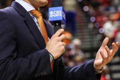 March 14, 2024: CBS reporter Evan Washburn reports during the Quarterfinals of the Men’s Mountain West Conference tournament, Thursday, March 14, 2024, in Las Vegas, NV. Christopher Trim/A Lot of Sports Talk.