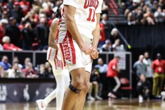 March 14, 2024: UNLV Rebels guard Dedan Thomas Jr. (11) celebrates after scoring in the final seconds of regulation during the second half of the Men’s Quarterfinals of the Mountain West Conference tournament, Thursday, March 14, 2024, in Las Vegas, NV. Christopher Trim/A Lot of Sports Talk.