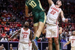 March 15, 2024: Colorado State Rams guard Nique Clifford (10) misses a dunk during the second half of the Men’s Semifinals of the Mountain West Conference tournament, Friday, March 15, 2024, in Las Vegas, NV. Christopher Trim/A Lot of Sports Talk.