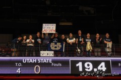 March 15, 2024: A Utah State Aggies fan holds a sign showing support for their team prior to the start of the Men’s Semifinals of the Mountain West Conference tournament, Friday, March 15, 2024, in Las Vegas, NV. Christopher Trim/A Lot of Sports Talk.
