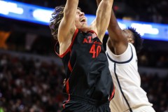 March 15, 2024: San Diego State Aztecs forward Miles Heide (40) is fouled during a dunk attempt during the first half of the Men’s Semifinals of the Mountain West Conference tournament, Friday, March 15, 2024, in Las Vegas, NV. Christopher Trim/A Lot of Sports Talk.