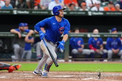 BALTIMORE — JULY 11: Chicago Cubs first baseman Michael Busch (29) hits an RBI double against the Baltimore Orioles during the fifth inning inside Oriole Park at Camden Yards on July 11, 2024, in Baltimore, Maryland. (Gregory Fisher/A Lot of Sports Talk)