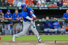 BALTIMORE — JULY 11: Chicago Cubs rightfielder Seiya Suzuki (27) hits an RBI double against the Baltimore Orioles during the fifth inning inside Oriole Park at Camden Yards on July 11, 2024, in Baltimore, Maryland. (Gregory Fisher/A Lot of Sports Talk)