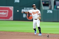 BALTIMORE — JULY 11: Baltimore Orioles second baseman Jorge Mateo (3) throws out Chicago Cubs designated hitter Christopher Morel (not pictured) after fielding a ground ball during the fifth inning inside Oriole Park at Camden Yards on July 11, 2024, in Baltimore, Maryland. (Gregory Fisher/A Lot of Sports Talk)