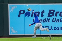 BALTIMORE — JULY 11: Chicago Cubs left fielder Ian Happ (8) catches a fly ball hit by Baltimore Orioles left fielder Austin Hays (not pictured) during the fourth inning inside Oriole Park at Camden Yards on July 11, 2024, in Baltimore, Maryland. (Gregory Fisher/A Lot of Sports Talk)