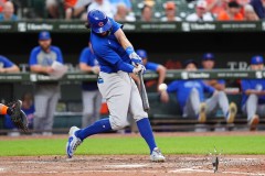 BALTIMORE — JULY 11: Chicago Cubs shortstop Dansby Swanson (7) hits a home run against the Baltimore Orioles during the sixth inning inside Oriole Park at Camden Yards on July 11, 2024, in Baltimore, Maryland. (Gregory Fisher/A Lot of Sports Talk)