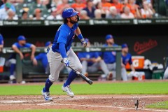 BALTIMORE — JULY 11: Chicago Cubs shortstop Dansby Swanson (7) watches his home run against the Baltimore Orioles during the sixth inning inside Oriole Park at Camden Yards on July 11, 2024, in Baltimore, Maryland. (Gregory Fisher/A Lot of Sports Talk)