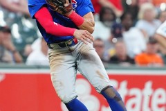 BALTIMORE — JULY 11: Chicago Cubs third baseman Miles Mastrobuoni (20) throws out Baltimore Orioles first baseman Ryan Mountcastle (not pictured) after fielding a ground ball during the seventh inning inside Oriole Park at Camden Yards on July 11, 2024, in Baltimore, Maryland. (Gregory Fisher/A Lot of Sports Talk)