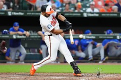 BALTIMORE — JULY 11: Baltimore Orioles right fielder Anthony Santander (25) hits a double against the Chicago Cubs during the seventh inning inside Oriole Park at Camden Yards on July 11, 2024, in Baltimore, Maryland. (Gregory Fisher/A Lot of Sports Talk)