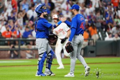 BALTIMORE — JULY 11: Chicago Cubs catcher Tomas Nido (6) and pitcher Jorge Lopez (41) shakes hands to celebrate the victory against the Baltimore Orioles after the ninth inning inside Oriole Park at Camden Yards on July 11, 2024, in Baltimore, Maryland. (Gregory Fisher/A Lot of Sports Talk)