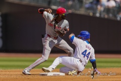 QUEENS, NEW YORK — SEPTEMBER 8:  Cincinnati Reds shortstop Elly De La Cruz (44) attempts a double play during the game between the New York Mets and the Cincinnati Reds at Citi Field on September 8, 2024, in Queens, N.Y. (Scotty Rausenberger/A Lot of Sports Talk)