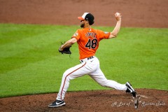 Baltimore, MD - July 9, 2022: Baltimore Orioles relief pitcher Jorge Lopez (48) in action during the game between the Baltimore Orioles and Los Angeles Angels at  Oriole Park at Camden Yards in Baltimore, MD.   (Photo by Elliott Brown/A Lot of Sports Talk)