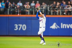 NEW YORK — JULY 29: New York Mets second baseman Jeff McNeil (1) catches a fly ball hit by Minnesota Twins second baseman Willi Castro (not pictured) during the first inning at Citi Field on July 29, 2024, in New York, New York. (Gregory Fisher/A Lot of Sports Talk)