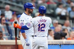 NEW YORK — JULY 29: New York Mets shortstop Francisco Lindor (12) speaks with New York Mets designated hitter JD Martinez (28) about his at bat against the Minnesota Twins during the first inning at Citi Field on July 29, 2024, in New York, New York. (Gregory Fisher/A Lot of Sports Talk)