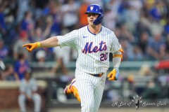 NEW YORK — JULY 29: New York Mets first baseman Pete Alonso (20) reacts to hitting a home run against the Minnesota Twins during the fourth  inning at Citi Field on July 29, 2024, in New York, New York. (Gregory Fisher/A Lot of Sports Talk)