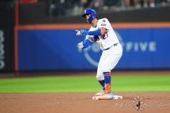 NEW YORK — JULY 29: New York Mets third baseman Mark Vientos (27) reacts to hitting a double against the Minnesota Twins during the fourth  inning at Citi Field on July 29, 2024, in New York, New York. (Gregory Fisher/A Lot of Sports Talk)