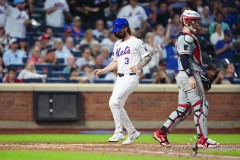 NEW YORK — JULY 29: New York Nets right fielder Jessie Winker (3) scores a run on New York Mets second baseman Jeff McNeil (not pictured) RBI single against the Minnesota Twins during the fourth  inning at Citi Field on July 29, 2024, in New York, New York. (Gregory Fisher/A Lot of Sports Talk)