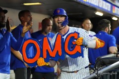 NEW YORK — JULY 29: New York Mets first baseman Pete Alonso (20) reacts after hitting a home run in the dugout during the fourth inning against the Minnesota Twins at Citi Field on July 29, 2024, in New York, New York. (Gregory Fisher/A Lot of Sports Talk)