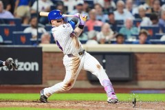 NEW YORK — JULY 29: New York Mets center fielder Harrison Bader (44) hits a single against the Minnesota Twins during the sixth  inning at Citi Field on July 29, 2024, in New York, New York. (Gregory Fisher/A Lot of Sports Talk)