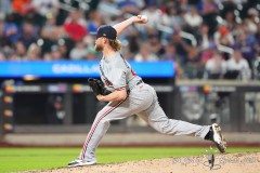 NEW YORK — JULY 29: Minnesota Twins pitcher Josh Staumont (63) delivers a pitch against the New York Mets during the sixth  inning at Citi Field on July 29, 2024, in New York, New York. (Gregory Fisher/A Lot of Sports Talk)