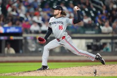 NEW YORK — JULY 29: Minnesota Twins pitcher Steven Okert (16) delivers a pitch against the New York Mets during the sixth  inning at Citi Field on July 29, 2024, in New York, New York. (Gregory Fisher/A Lot of Sports Talk)