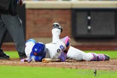 NEW YORK — JULY 29: New York Mets center fielder Harrison Bader (44) gets hit by a pitch during the sixth  inning against the Minnesota Twins at Citi Field on July 29, 2024, in New York, New York. (Gregory Fisher/A Lot of Sports Talk)