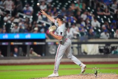 NEW YORK — JULY 29: Minnesota Twins right fielder Matt Wallner (38) pitching delivers a pitch against the New York Mets during the eighth  inning at Citi Field on July 29, 2024, in New York, New York. (Gregory Fisher/A Lot of Sports Talk)