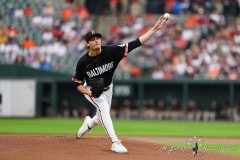 BALTIMORE — JULY 12: Baltimore Orioles pitcher Cade Povich (37) delivers a pitch against the New York Yankees during the first inning inside Oriole Park at Camden Yards on July 12, 2024, in Baltimore, Maryland. (Gregory Fisher/A Lot of Sports Talk)