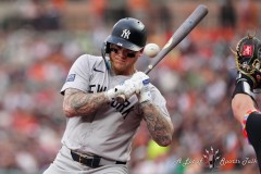 BALTIMORE — JULY 12: New York Yankees left fielder Alex Verdugo (24) reacts to an inside pitch against the Baltimore Orioles during the first inning inside Oriole Park at Camden Yards on July 12, 2024, in Baltimore, Maryland. (Gregory Fisher/A Lot of Sports Talk)