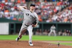 BALTIMORE — JULY 12: New York Yankees pitcher Gerrit Cole (45) delivers a pitch against the Baltimore Orioles during the first inning inside Oriole Park at Camden Yards on July 12, 2024, in Baltimore, Maryland. (Gregory Fisher/A Lot of Sports Talk)