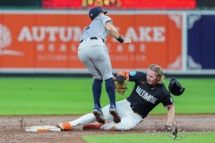 BALTIMORE — JULY 12: Baltimore Orioles left fielder Heston Kjerstad (13) steals second base ahead of the tag by New York Yankees shortstop Anthony Volpe (11) during the second inning inside Oriole Park at Camden Yards on July 12, 2024, in Baltimore, Maryland. (Gregory Fisher/A Lot of Sports Talk)