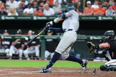 BALTIMORE — JULY 12: New York Yankees center fielder Aaron Judge (99) hits a home run against the Baltimore Orioles during the third inning inside Oriole Park at Camden Yards on July 12, 2024, in Baltimore, Maryland. (Gregory Fisher/A Lot of Sports Talk)