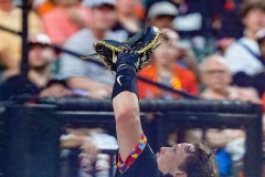 BALTIMORE — JULY 12: Baltimore Orioles catcher Adley Rutschman (35) catches a foul ball hit by New York Yankees shortstop Anthony Volpe (not pictured) during the fourth inning inside Oriole Park at Camden Yards on July 12, 2024, in Baltimore, Maryland. (Gregory Fisher/A Lot of Sports Talk)