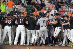 BALTIMORE — JULY 12: The New York Yankees and Baltimore Orioles skirmish after New York Yankees pitcher Clay Holmes (not pictured) hit Baltimore Orioles right fielder Heston Kjerstad (not pictured) in the head during the ninth inning inside Oriole Park at Camden Yards on July 12, 2024, in Baltimore, Maryland. (Gregory Fisher/A Lot of Sports Talk)