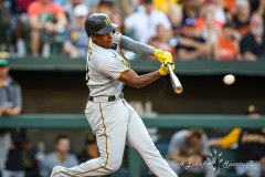 Baltimore, MD - August 6, 2022: Pittsburgh Pirates third baseman Ke'Bryan Hayes (13) hits a single during the game between the Baltimore Orioles and Pittsburgh Pirates at  Oriole Park at Camden Yards in Baltimore, MD.   (Photo by Elliott Brown/A Lot of Sports Talk)