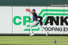 Baltimore, MD - June 1, 2024: Tampa Bay Rays outfielder Richie Palacios (1) catches a flyball during the game between the Baltimore Orioles and Tampa Bay Rays at  Oriole Park at Camden Yards in Baltimore, MD.   (Photo by Elliott Brown/A Lot of Sports Talk)