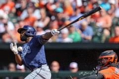 Baltimore, MD - June 1, 2024: Tampa Bay Rays outfielder Randy Arozarena (56) hits a foulball during the game between the Baltimore Orioles and Tampa Bay Rays at  Oriole Park at Camden Yards in Baltimore, MD.   (Photo by Elliott Brown/A Lot of Sports Talk)