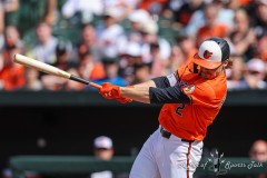 Baltimore, MD - June 1, 2024: Baltimore Orioles shortstop Gunnar Henderson (2) hits a single during the game between the Baltimore Orioles and Tampa Bay Rays at  Oriole Park at Camden Yards in Baltimore, MD.   (Photo by Elliott Brown/A Lot of Sports Talk)